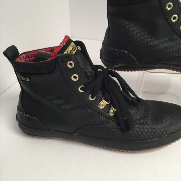 Keds Black Lace-Up High-Top Boots with Red Plaid Lining - Picture 2 of 11